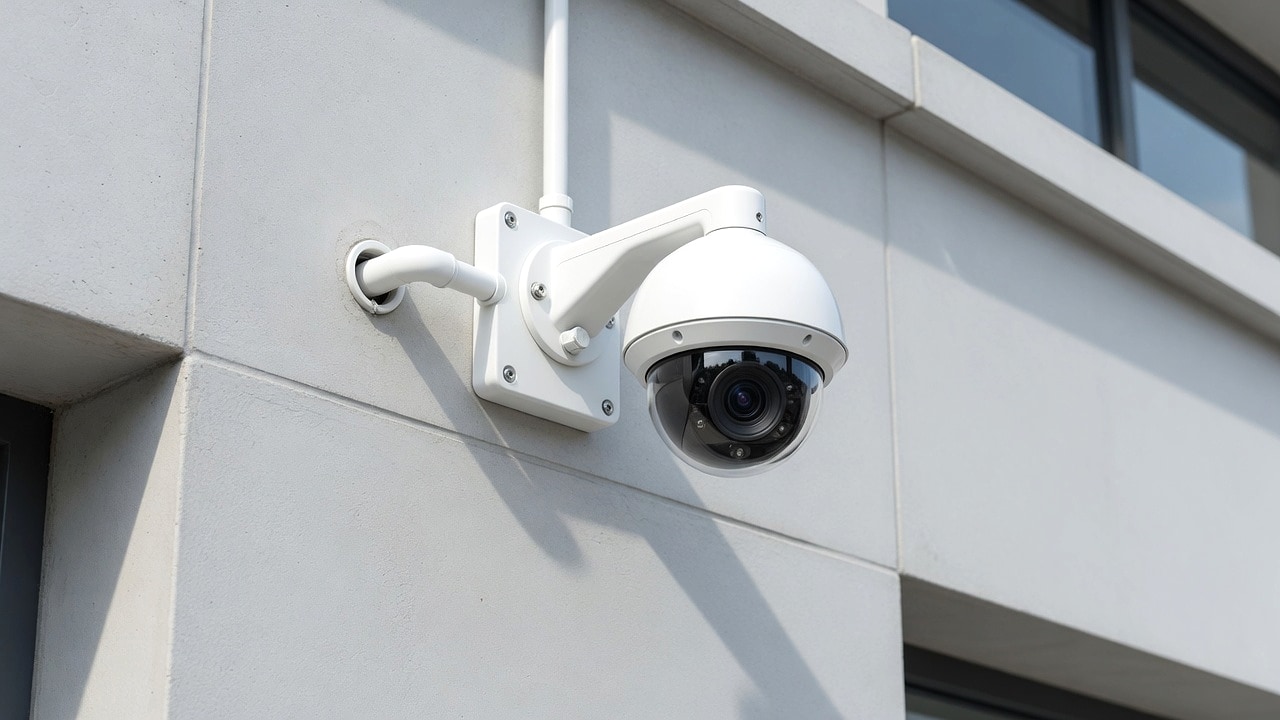 Professional white dome security camera installed on a commercial building exterior